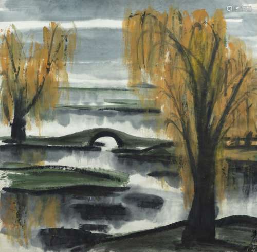 <br />
Lin Fengmian (1900-1991), Autumn scene with a bridge ...