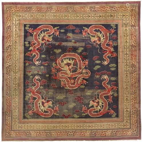 <br />
A large blue-ground ‘red dragons’ hall carpet, China ...