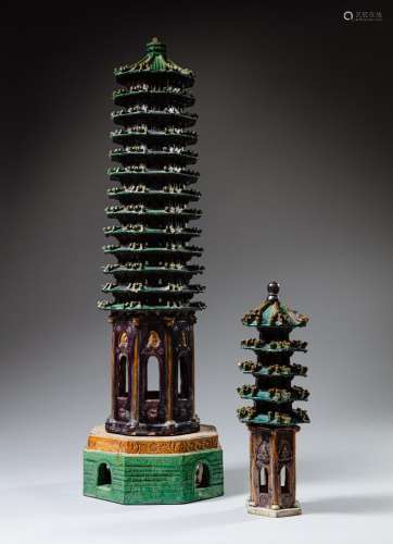 <br />
Two large sancai-glazed storeyed pagodas, Early Qing ...