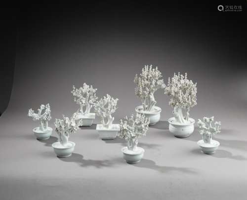 <br />
A group of eight 'Dehua' miniature prune trees, 17th ...
