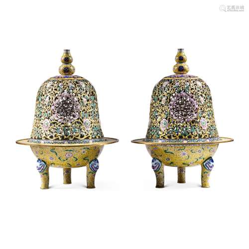 <br />
A pair of large decorative Canton enameled charcoal b...