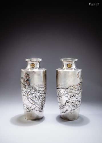 <br />
A pair of silver metal-mounted vases, Meiji period, s...