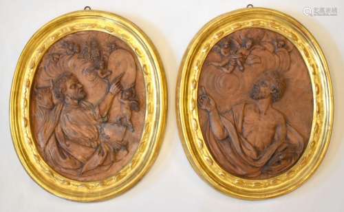 coppia di placche ovali in terracotta raff.santi    pair of ...