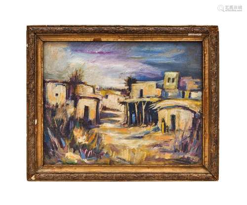 MIDDLE EASTERN VILLAGE SCENE, OIL ON BOARD, SIGNED KHALID AL...