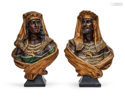 A PAIR OF TERRACOTTA BUSTS DEPICTING AN ORIENTALIST MAIDEN A...