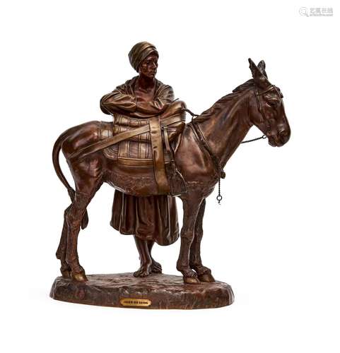 A FRENCH PATINATED BRONZE GROUP OF A FIGURE & DONKEY, &q...