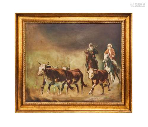 ARABIAN HORSE RIDING, OIL ON CANVAS, SIGNED, FAEQ HASSAN, IR...