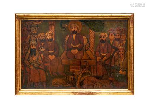 OIL ON CANVAS, DEPICTING A SEATED HOLY MAN, QAJAR, 19TH/20TH...