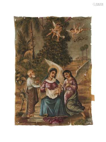 A QAJAR OIL ON CANVAS PAINTING DEPICTING THE BIRTH OF CHRIST