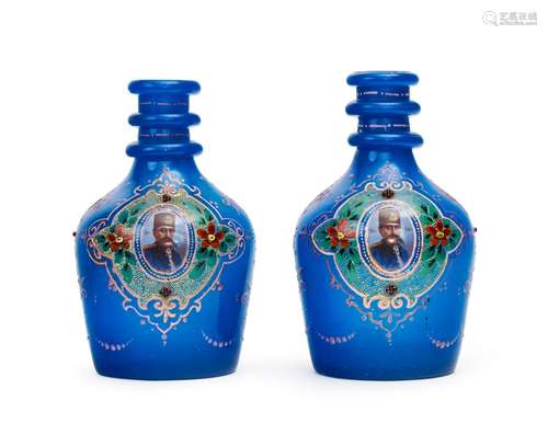 A PAIR OF ROYAL BLUE OPAQUE JEWELLED & ENAMELLED BOHEMIA...