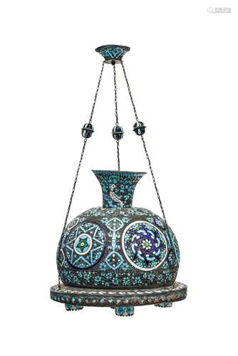 A MONUMENTAL ROUND DAMASCUS ENAMELLED COPPER MOSQUE LAMP, SY...