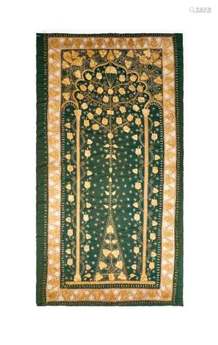 GREEN GILT METAL THREAD INDIAN EMBROIDERY ON SILK, 19TH CENT...