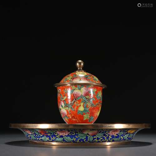 Bronze painted enamel support cup with Fu Lu Shou pattern