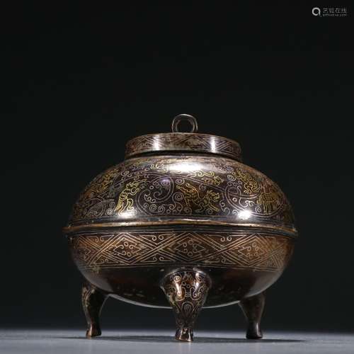 Copper inlaid gold and silver bird and animal pattern lid ja...