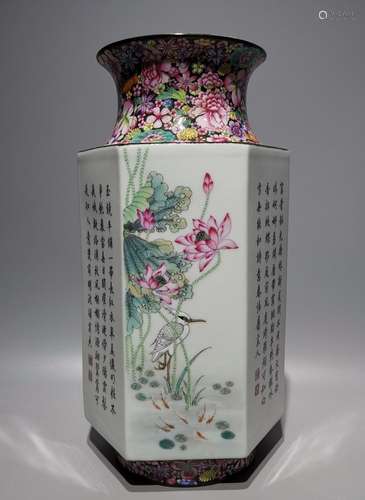 Hexagonal Enamel Flower-and-Bird Poetry Vase