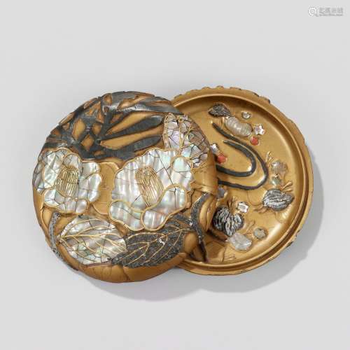 A FINE RINPA-STYLE INLAID LACQUER KOGO (INCENSE BOX) WITH CA...
