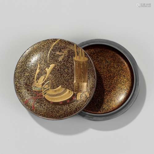 A FINE LACQUER KOGO (INCENSE BOX) AND COVER WITH KABUTO AND ...