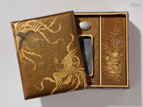 A RARE LACQUER BUNKO (DOCUMENT BOX) WITH INTEGRATED SUZURIBA...