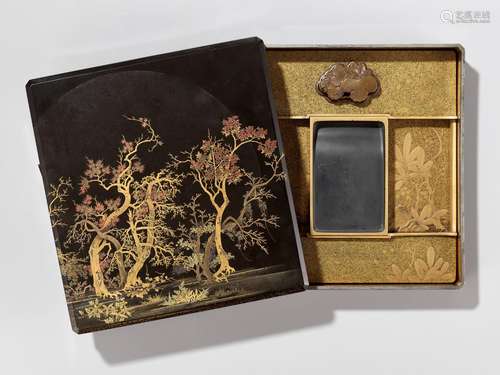 A SUPERB LACQUER SUZURIBAKO (WRITING BOX) DEPICTING A MOONLI...