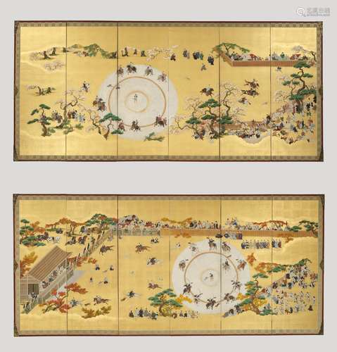 AN IMPRESSIVE PAIR OF SIX-PANEL BYOBU SCREENS DEPICTING A DO...