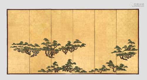 A FINE SIX-PANEL BYOBU SCREEN DEPICTING SNOW COVERED PINES