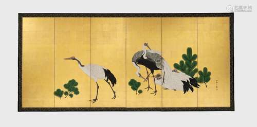 KISHI GANRYO (1798-1852): A BEAUTIFUL SIX-PANEL BYOBU SCREEN...