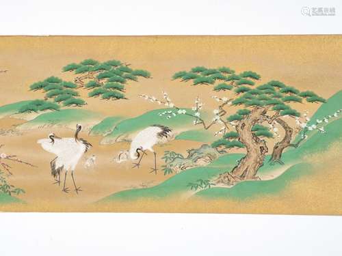 A MAKIMONO PAINTING OF CRANES IN A LANDSCAPE