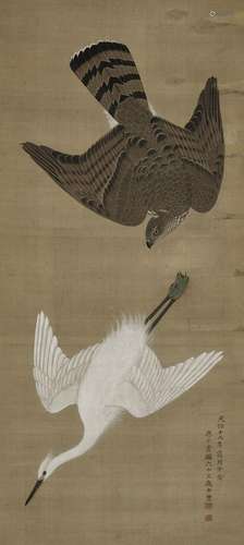 OOKA SHIHO: A FINE AND LARGE PAINTING OF A HAWK CHASING CRAN...