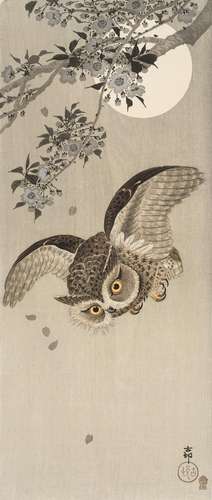 OHARA KOSON (1877-1945), SCOPS OWL IN FLIGHT, CHERRY BLOSSOM...