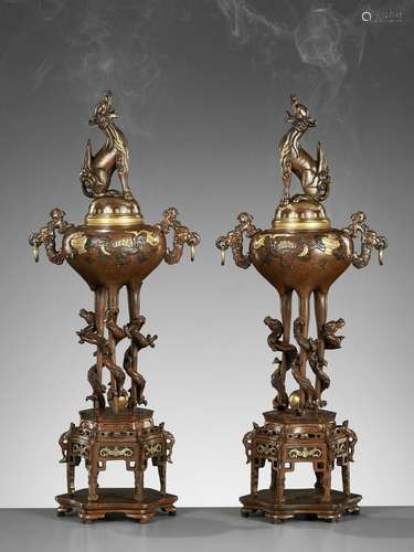 A PAIR OF SUPERB TAKAOKA GOLD-INLAID BRONZE ‘MYTHICAL BEASTS...