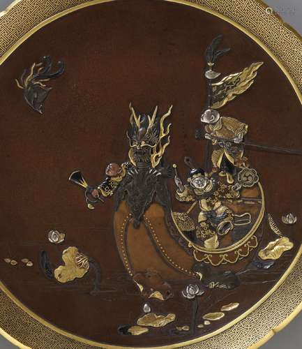 INOUE: A SUPERB INLAID BRONZE DISH DEPICTING BOYS ON A DRAGO...