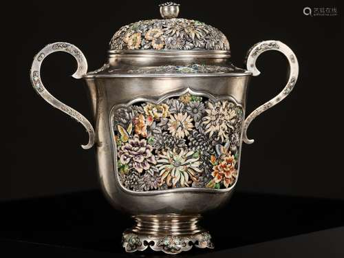 A MASTERFUL SILVER AND CLOISONNÉ ENAMEL KORO (INCENSE BURNER...