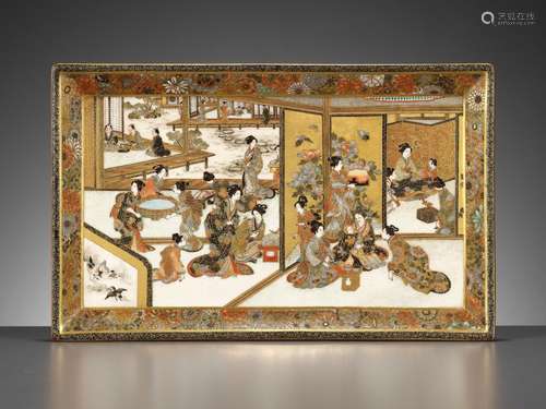 SHIZAN: A MAGNIFICENT SATSUMA CERAMIC TRAY WITH TEMPLE SCENE