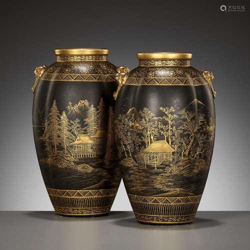 A PAIR OF GILT SATSUMA EARTHENWARE VASES WITH KOMAI STYLE MO...