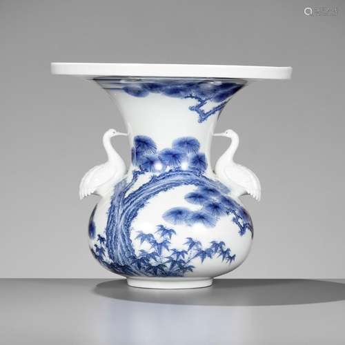 A FINE HIRADO BLUE AND WHITE USUBATA-FORM VASE