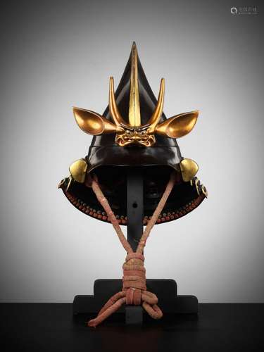 A BLACK AND GOLD-LACQUERED KAWARI KABUTO WITH ONI MAEDATE