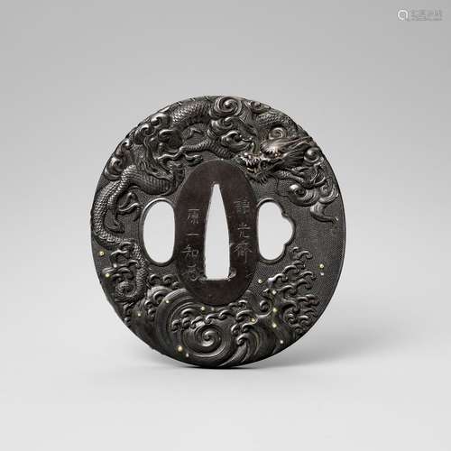 HARA KAZUTOMO: A SUPERB SHAKUDO NANAKO TSUBA WITH WRITHING D...