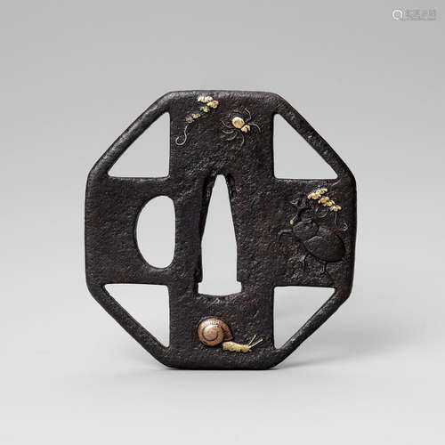 AN IRON SUKASHI TSUBA WITH INSECTS AND SNAIL