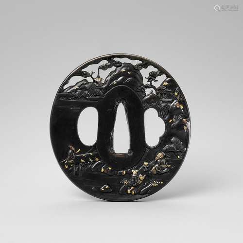 KIKUCHI SEIJO: A SHAKUDO TSUBA WITH CHINESE LITERATI AND LAN...