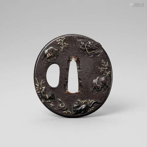 AN IRON TSUBA WITH THE TWELVE ANIMALS OF THE ZODIAC (JUNISHI...