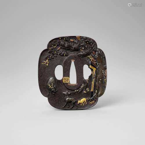 SHOZUI: A HAMANO SCHOOL IRON TSUBA WITH DEER, TORII GATE AND...