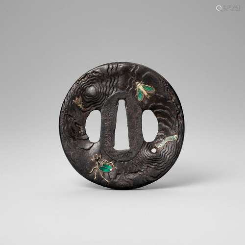 HIRATA HARUAKI: A RARE ENAMELLED IRON TSUBA WITH INSECT DESI...