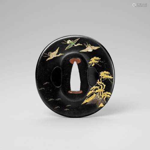 TENKODO HIDEKUNI: A FINE ENAMELLED SHAKUDO TSUBA WITH CRANES...