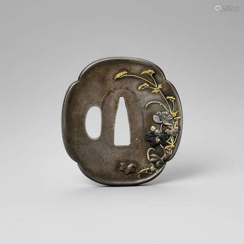 RYUMEISHI KAZUHIDE: A FINE SHIBUICHI TSUBA WITH SPRING FLOWE...