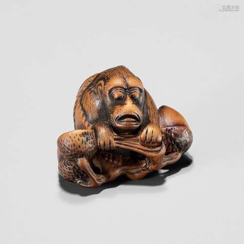 A KYOTO SCHOOL WOOD NETSUKE OF A MONKEY WITH ACORNS