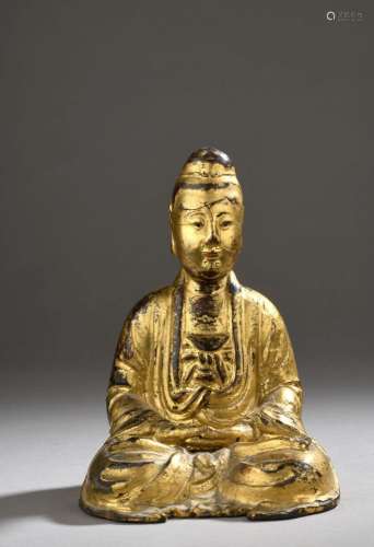 Statuette en bronze laqué or représentant Guanyin, Chine, XV...