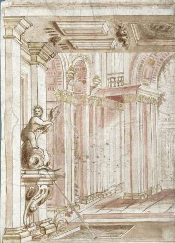 École italienne du XVIIIe siècle 
Fontaine dans un pala