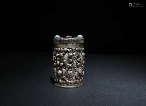 A SILVER JAR WITH LID