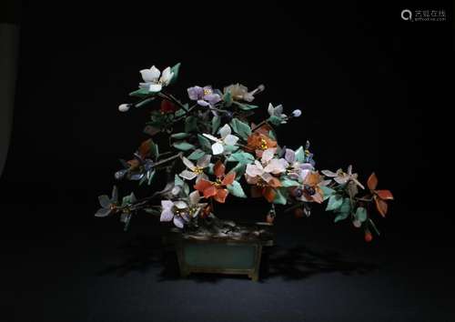 A JADE FLOWER POT WITH FLOWERS MADE OF VARIOUS MATERIALS