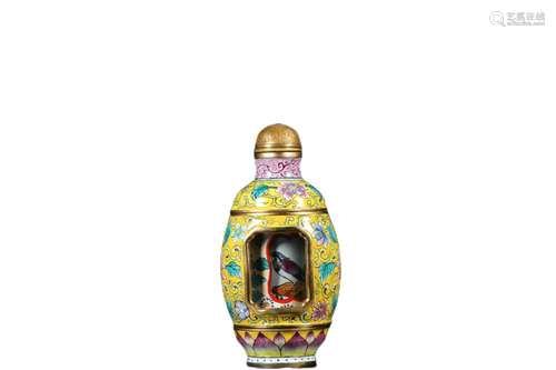 A BRONZE ENAMELED FLOWER AND BIRD REVOLVING SNUFF BOTTLE